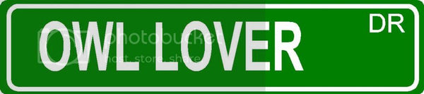 OWL LOVER Green 4" x 18" ALUMINUM animal novelty street sign great for indoor or outdoor long term use.