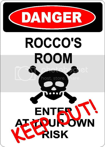 ROCCO Danger enter at own risk KEEP OUT room  9" x 12" Aluminum novelty parking sign wall décor art  for indoor or outdoor use.