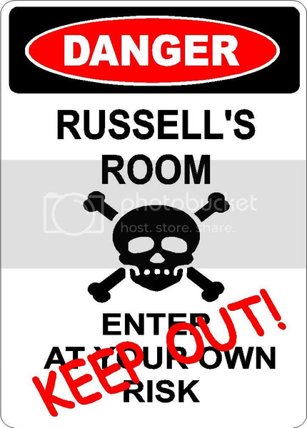 RUSSELL Danger enter at own risk KEEP OUT room  9" x 12" Aluminum novelty parking sign wall décor art  for indoor or outdoor use.