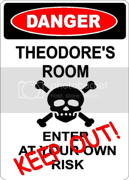 THEODORE Danger enter at own risk KEEP OUT room  9" x 12" Aluminum novelty parking sign wall décor art  for indoor or outdoor use.